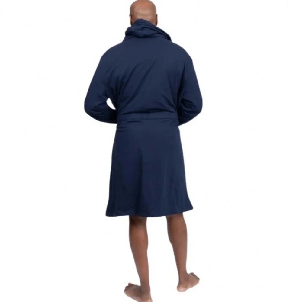DudeRobe Mens Hooded Bathrobe Navy Blue Cotton Jersey L/XL Luxury Loungewear